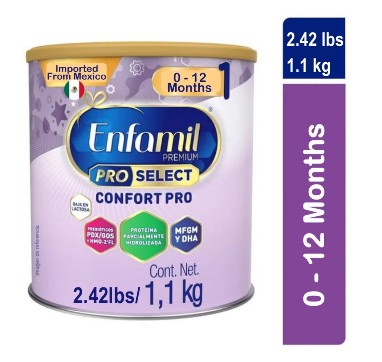 Enfamil Premium Pro Select Confort Pro Infant Formula Powder, 0-12 Months, Reduced Lactose, Partially Hydrolyzed Protein, MFGM + DHA, 1.1 kg (2.42 lb) Can – Imported from Mexico